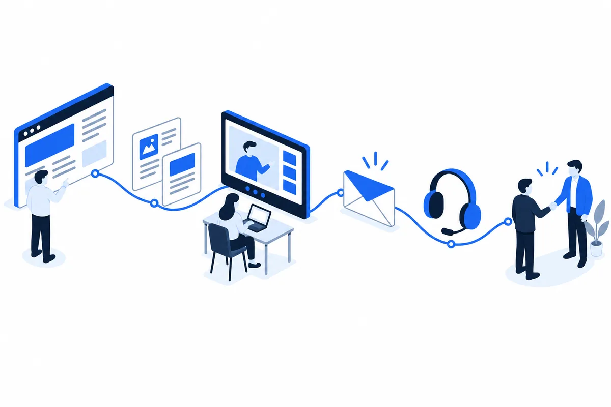 Web、セミナー、メール、電話の業務がつながり、商談に流れ込むイラスト